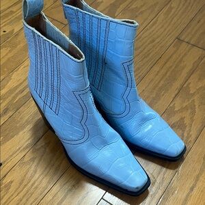 Blue Ganni Croc-Embossed Ankle Boots